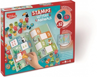 Nyomdázó készlet, foglalkoztató füzettel, betűk és állatok, MAPED CREATIV "Stamps"